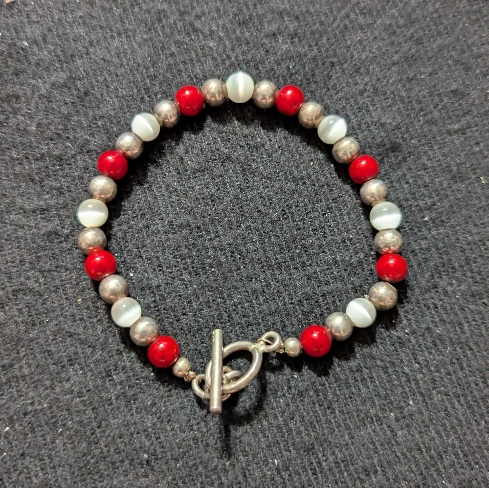 Sterling Silver Red And White Cat's Eye Beaded Statement Bracelet